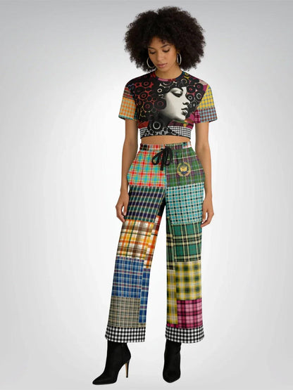 Black Queen in Afrocentric Technicolor Eco-Poly Short Sleeve Cropped Pullover