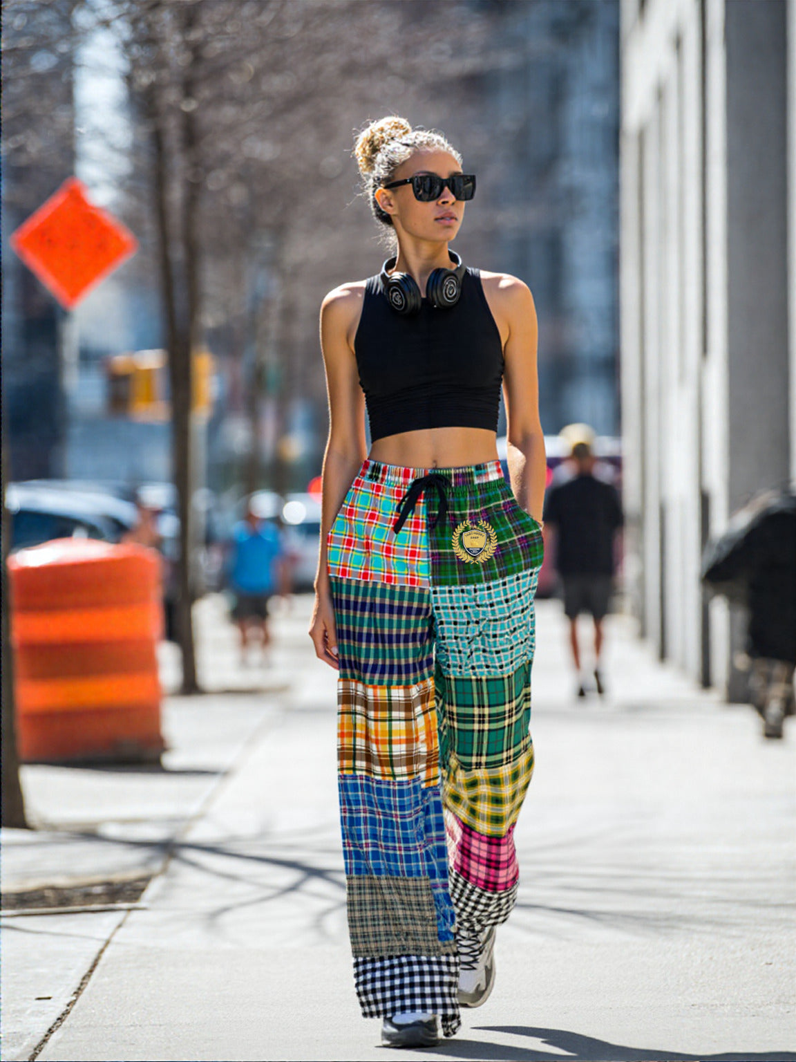 Black Queen in Afrocentric Technicolor Plaid Eco-Poly Wide Leg Pants