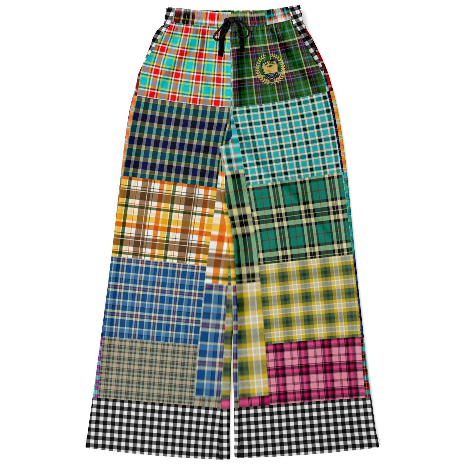 Black Queen in Afrocentric Technicolor Plaid Eco-Poly Wide Leg Pants