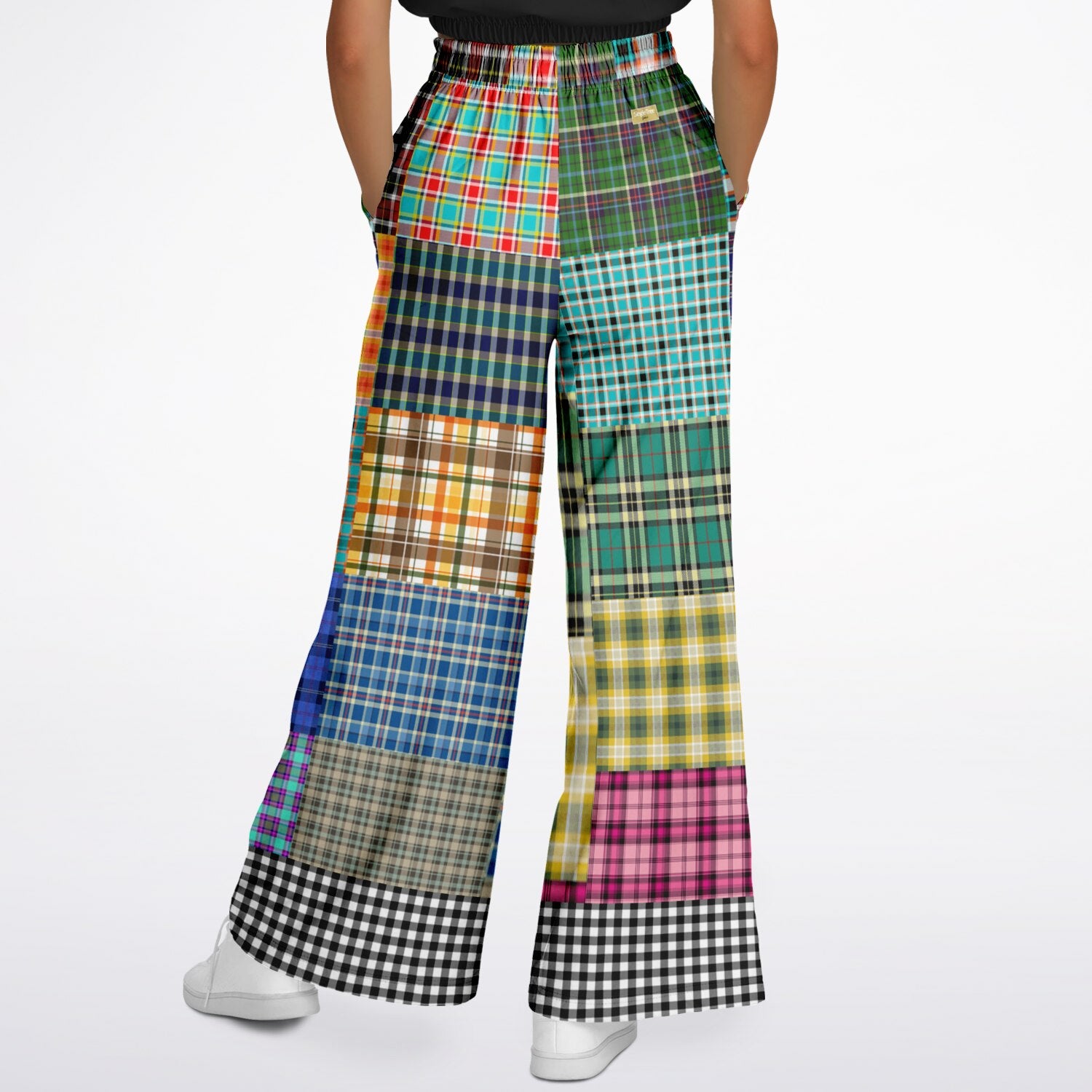 Black Queen in Afrocentric Technicolor Plaid Eco-Poly Wide Leg Pants