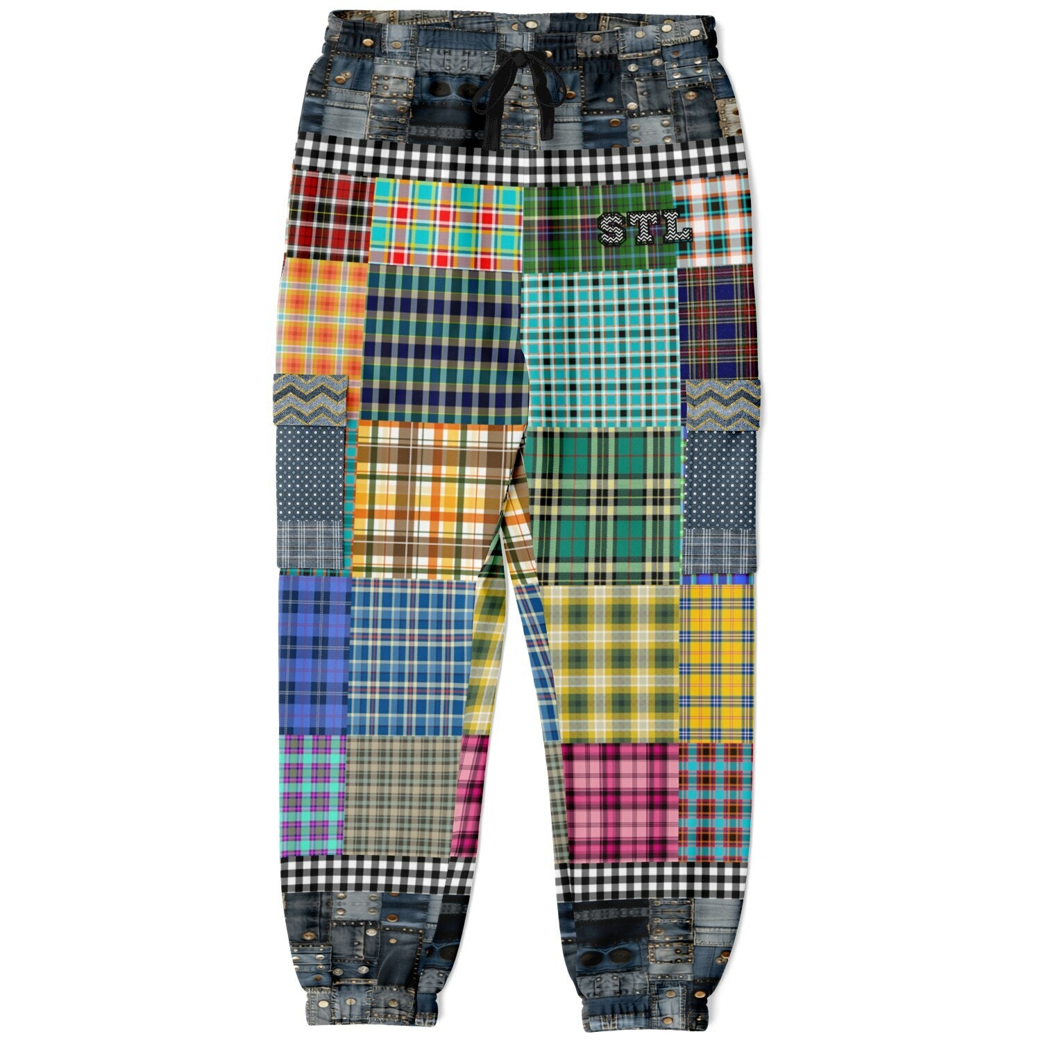 Black Queen in Afrocentric Technicolor Plaid and Denim Patchwork Eco-Poly Cargo Joggers
