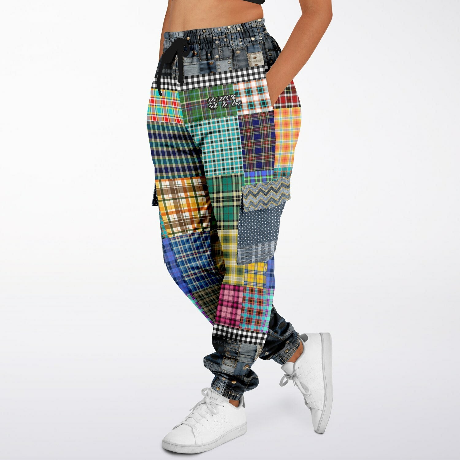 Black Queen in Afrocentric Technicolor Plaid and Denim Patchwork Eco-Poly Cargo Joggers