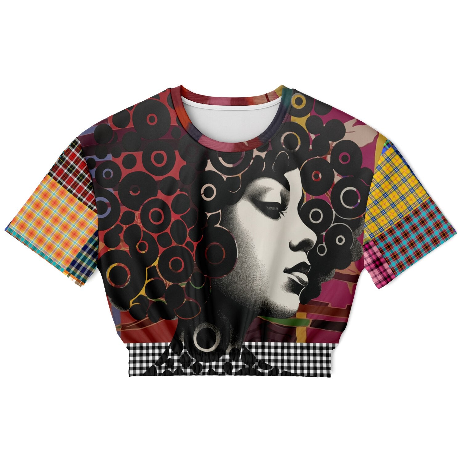 Black Queen in Afrocentric Technicolor Eco-Poly Short Sleeve Cropped Pullover