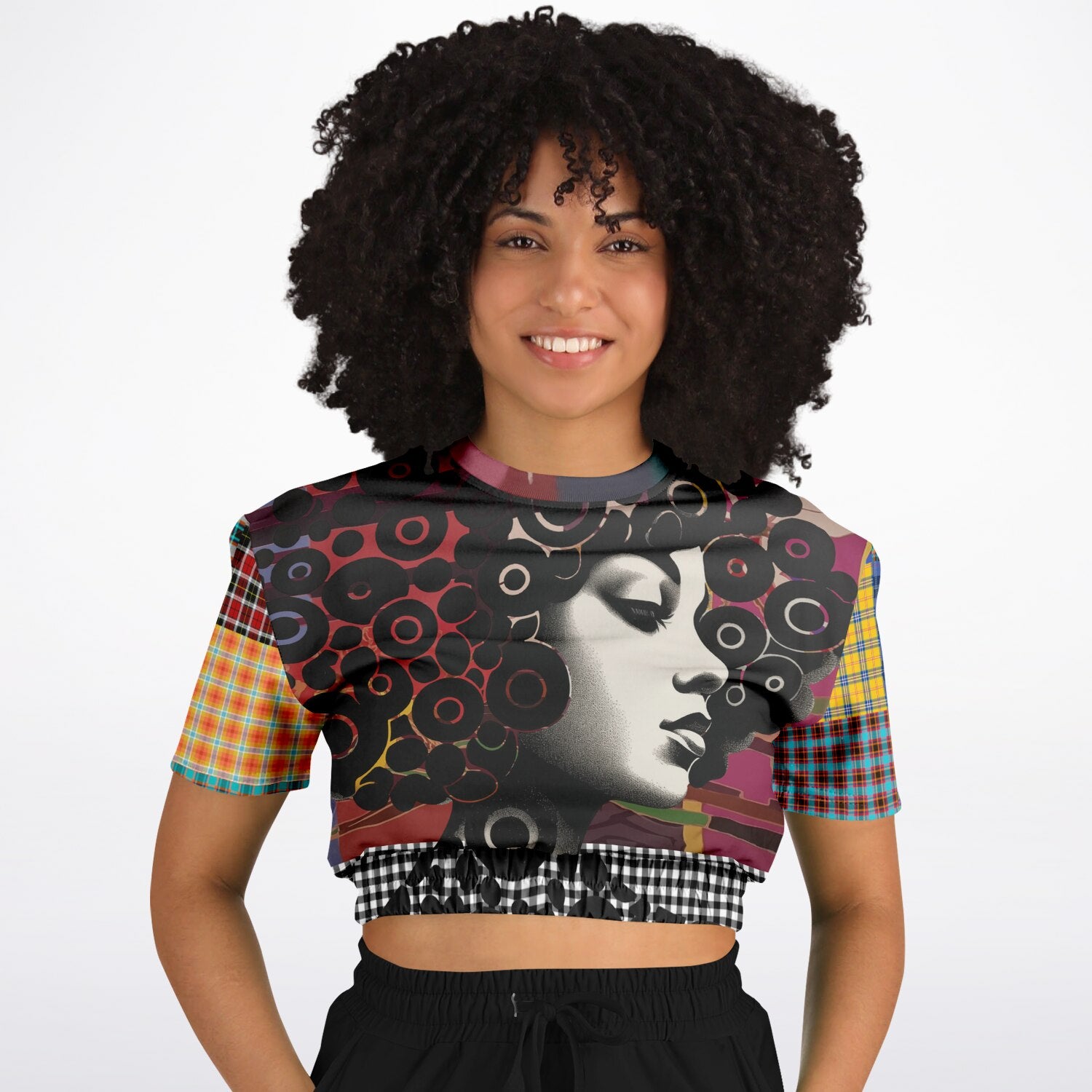 Black Queen in Afrocentric Technicolor Eco-Poly Short Sleeve Cropped Pullover