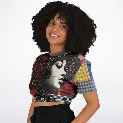 Black Queen in Afrocentric Technicolor Eco-Poly Short Sleeve Cropped Pullover