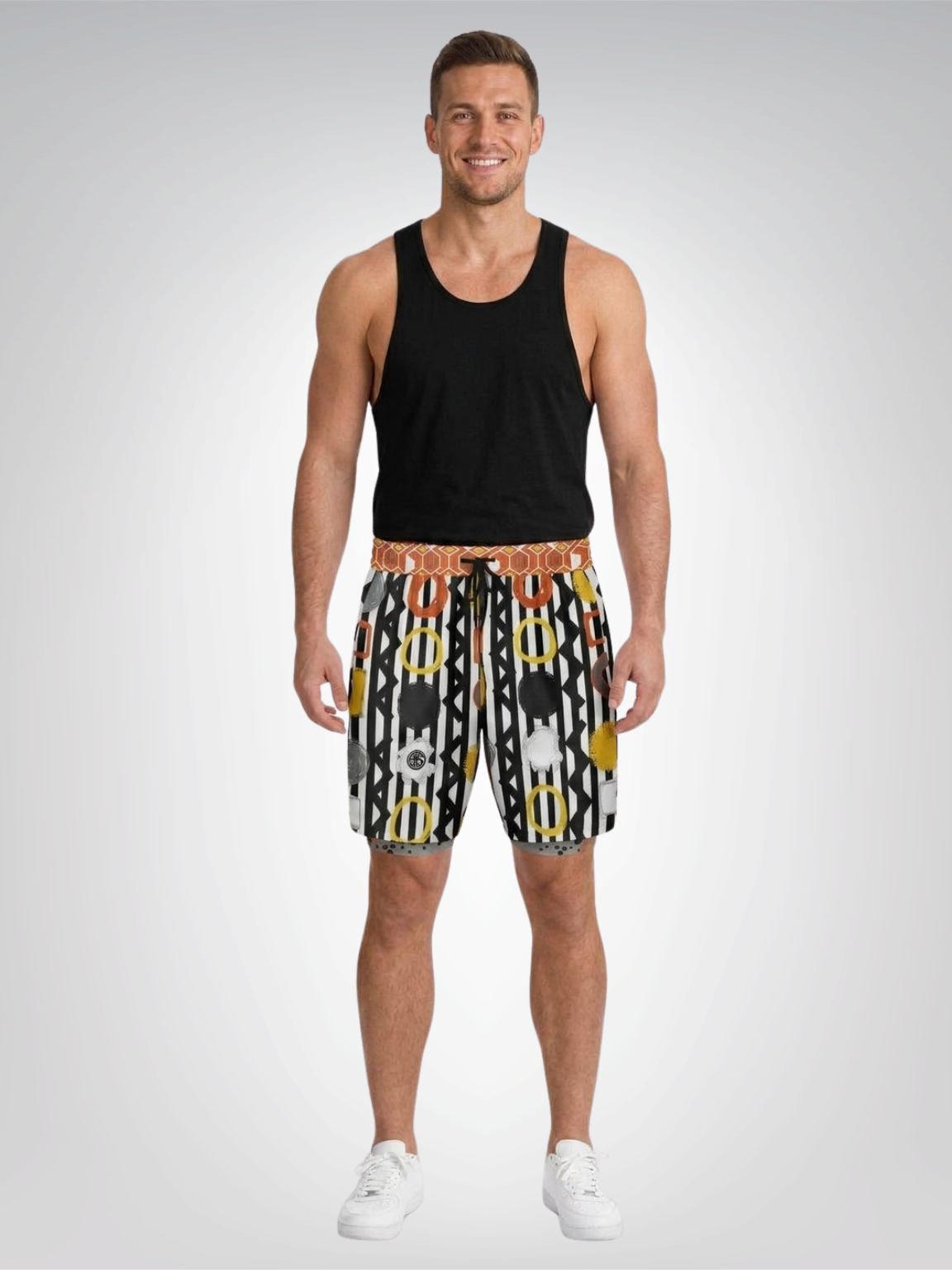Black Stripe and Bright Geometric Funhouse Unisex 2-in-1 Active Shorts