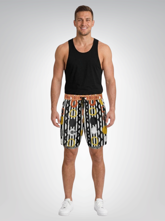 Black Stripe and Bright Geometric Funhouse Unisex 2-in-1 Active Shorts