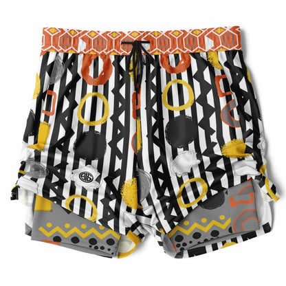 Black Stripe and Bright Geometric Funhouse Unisex 2-in-1 Active Shorts