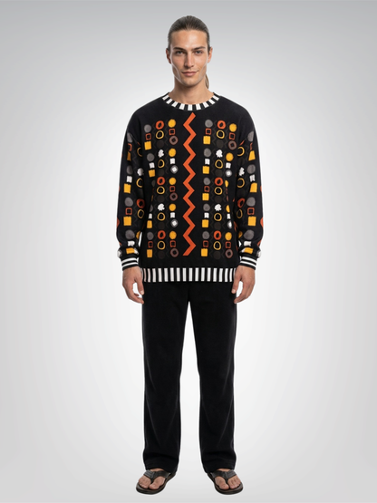 Black Stripe and Bright Geometric in Black Unisex Sweatshirt (Gold Label)