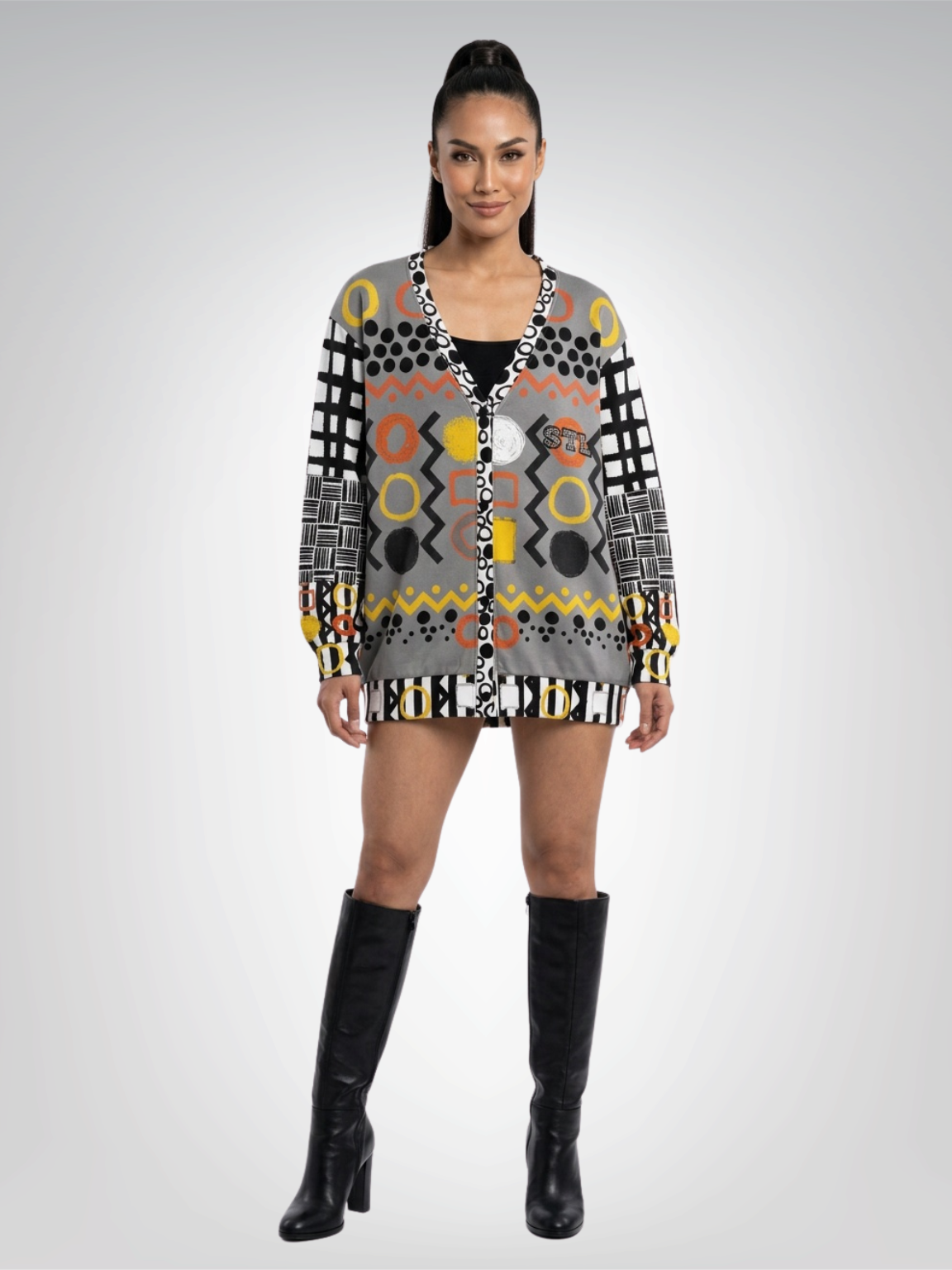 Black Stripe and Bright Geometric in Dark Grey Heavyweight Unisex Cardigan