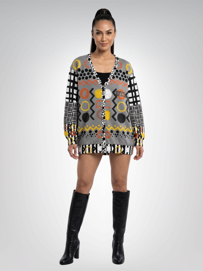 Black Stripe and Bright Geometric in Dark Grey Heavyweight Unisex Cardigan