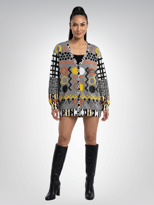 Black Stripe and Bright Geometric in Dark Grey Heavyweight Unisex Cardigan