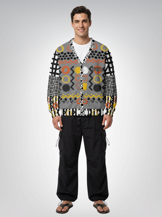Black Stripe and Bright Geometric in Dark Grey Heavyweight Unisex Cardigan