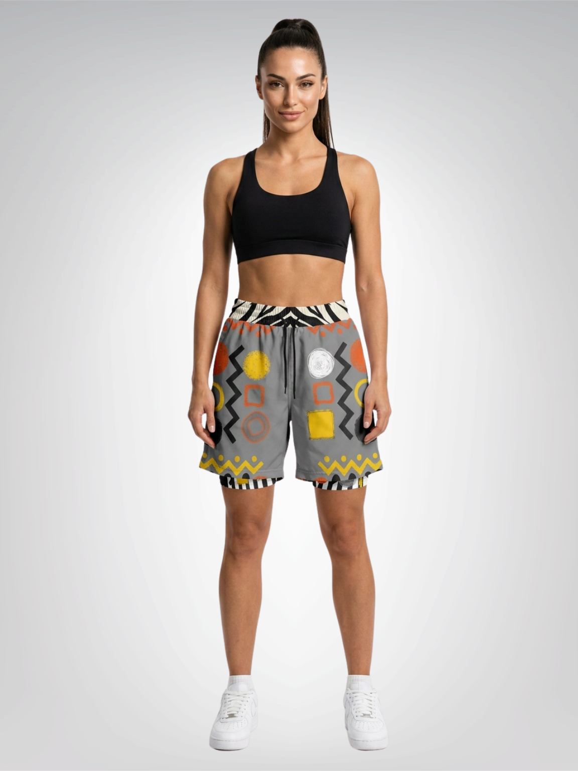 Black Stripe and Bright Geometric in Grey Unisex 2-in-1 Active Shorts