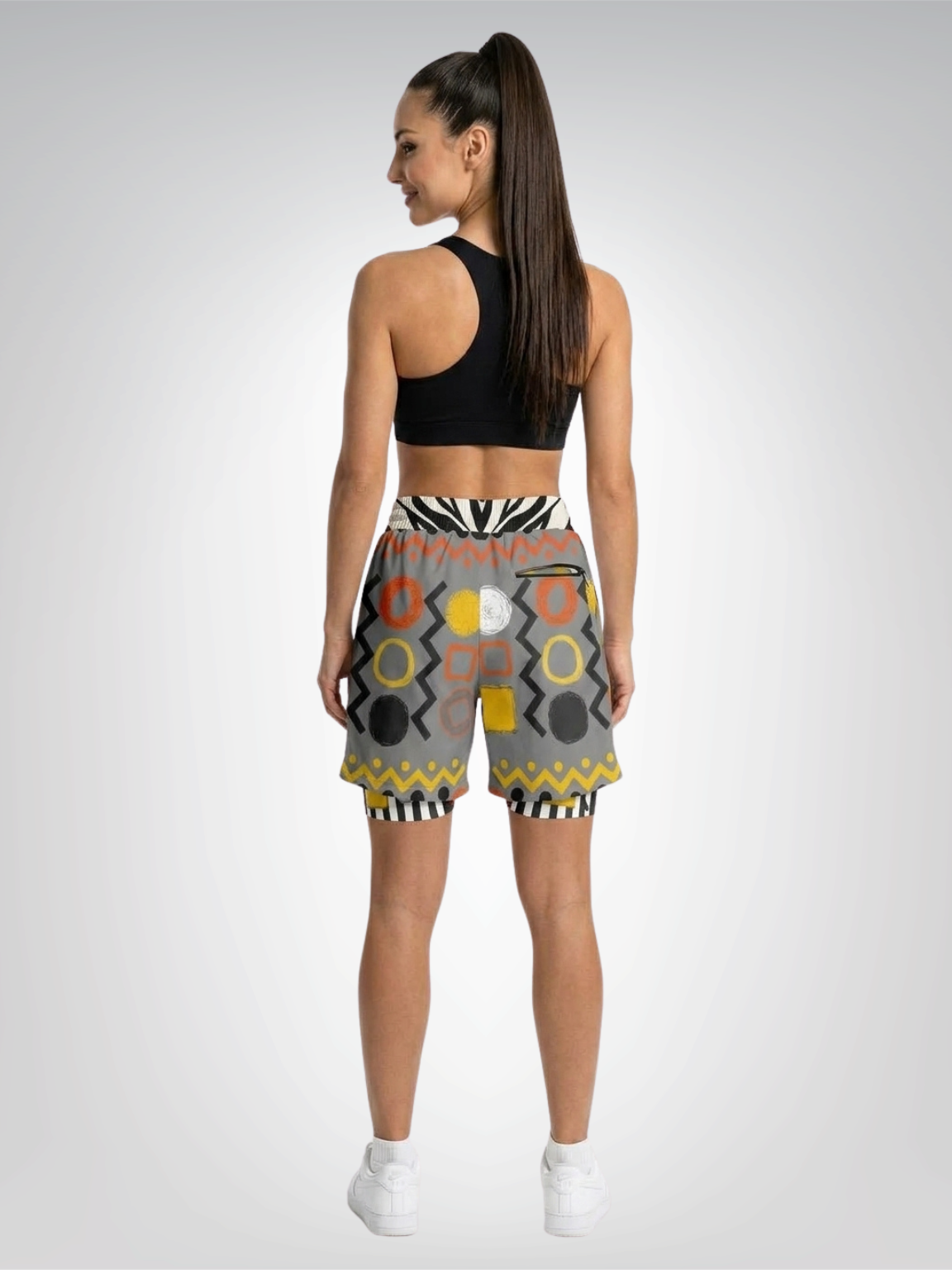 Black Stripe and Bright Geometric in Grey Unisex 2-in-1 Active Shorts