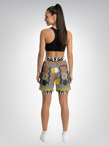 Black Stripe and Bright Geometric in Grey Unisex 2-in-1 Active Shorts