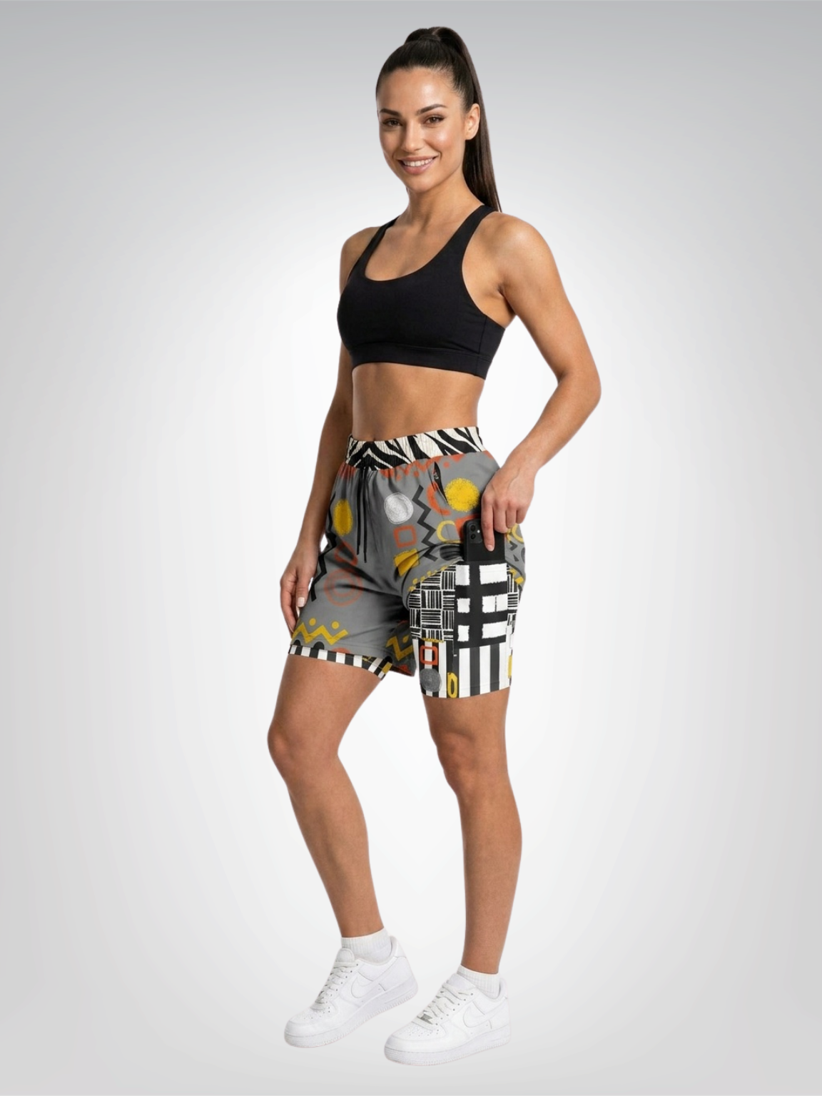 Black Stripe and Bright Geometric in Grey Unisex 2-in-1 Active Shorts