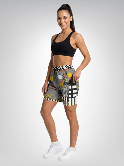 Black Stripe and Bright Geometric in Grey Unisex 2-in-1 Active Shorts