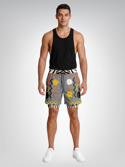 Black Stripe and Bright Geometric in Grey Unisex 2-in-1 Active Shorts