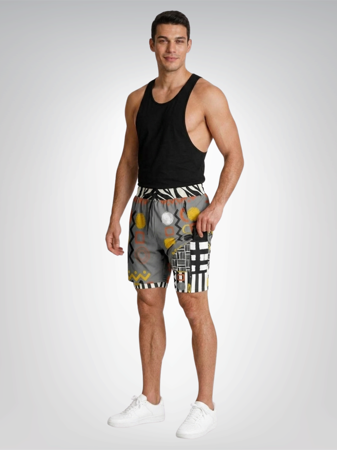 Black Stripe and Bright Geometric in Grey Unisex 2-in-1 Active Shorts