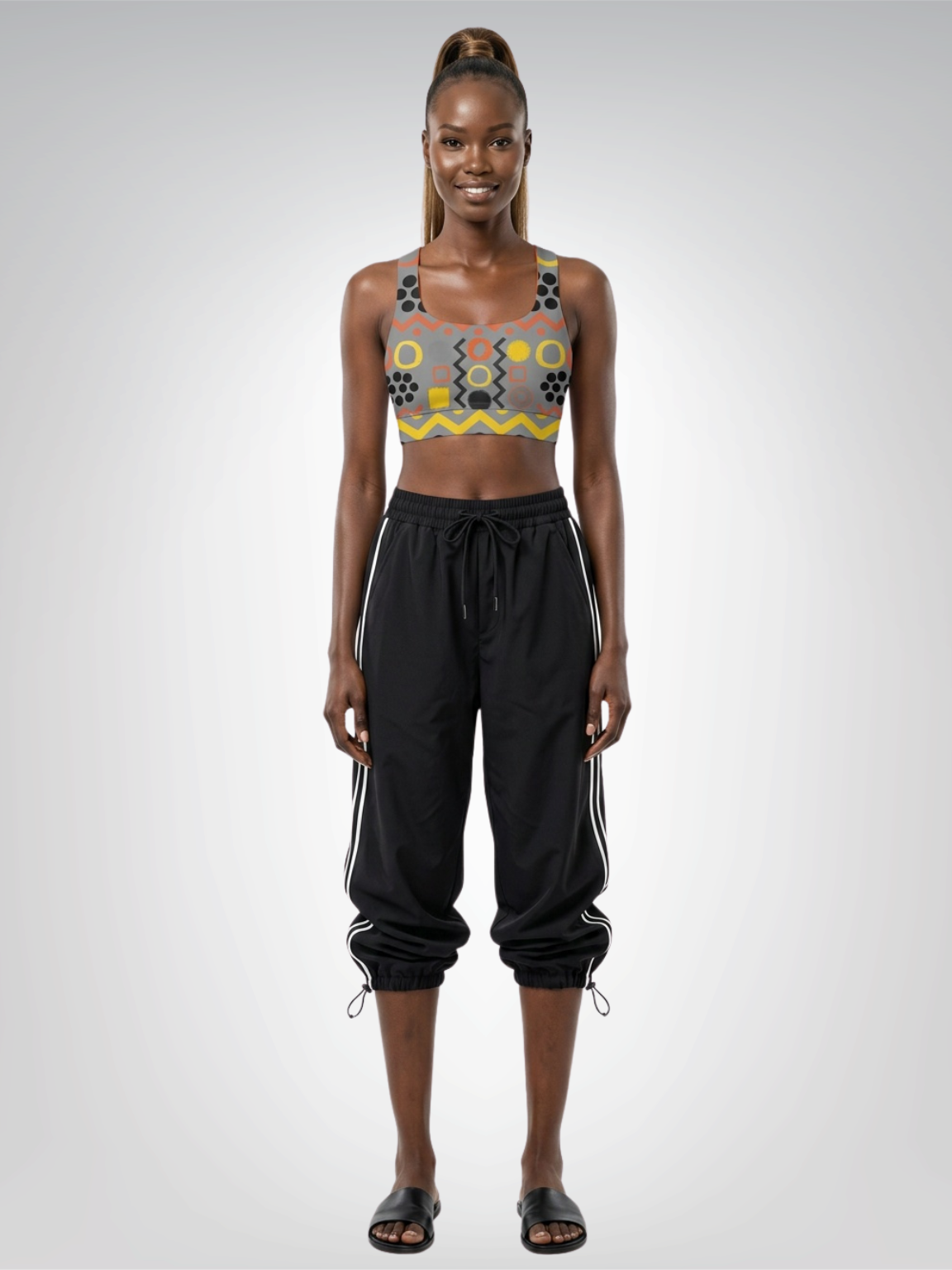 Black Stripe and Bright Geometric in Grey Padded Sports Bra