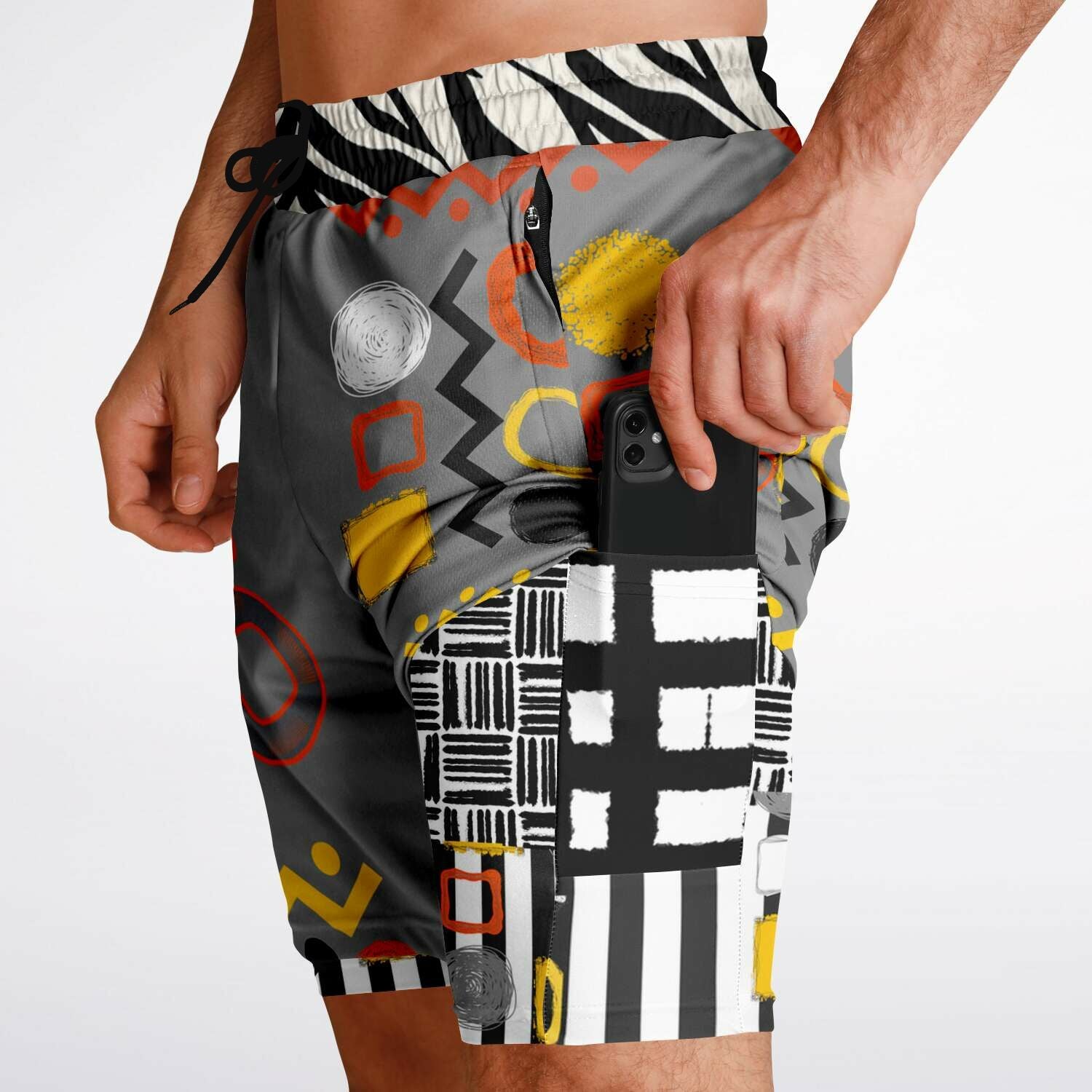 Black Stripe and Bright Geometric in Grey Unisex 2-in-1 Active Shorts