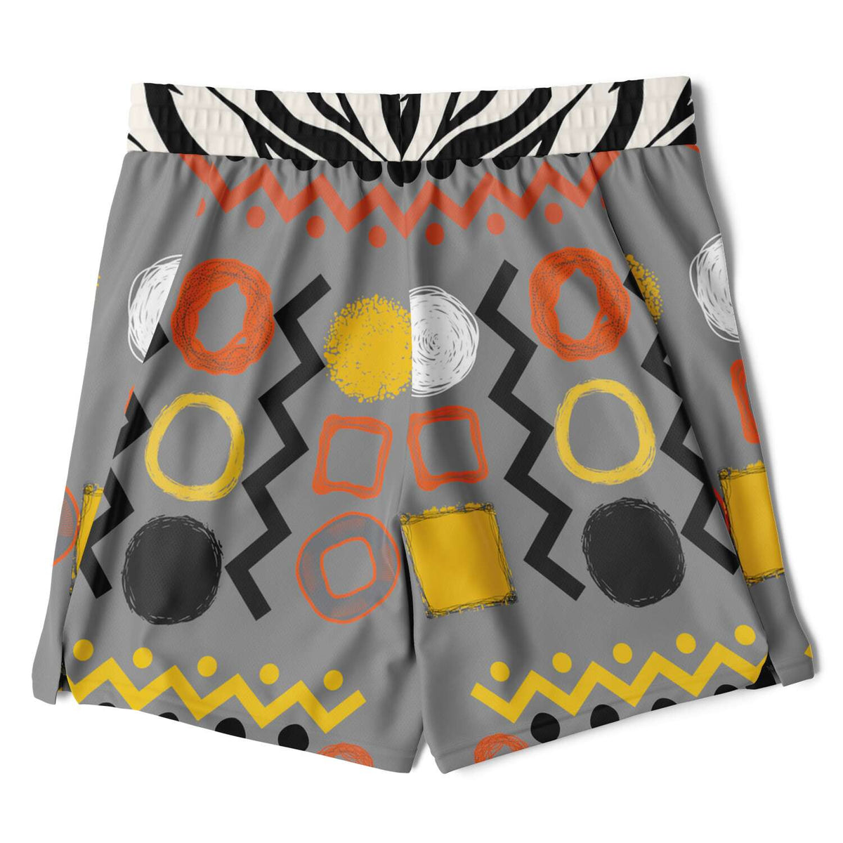 Black Stripe and Bright Geometric in Grey Unisex 2-in-1 Active Shorts