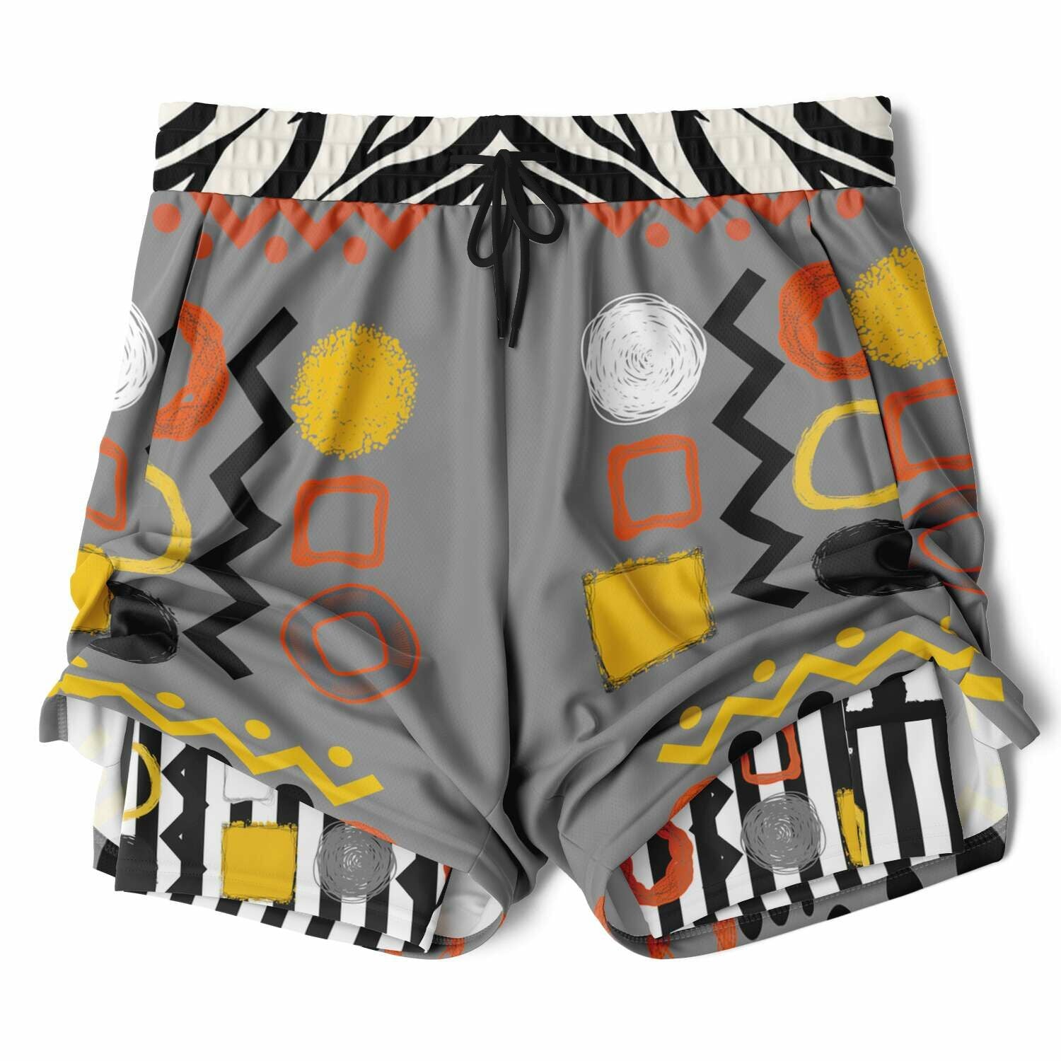 Black Stripe and Bright Geometric in Grey Unisex 2-in-1 Active Shorts