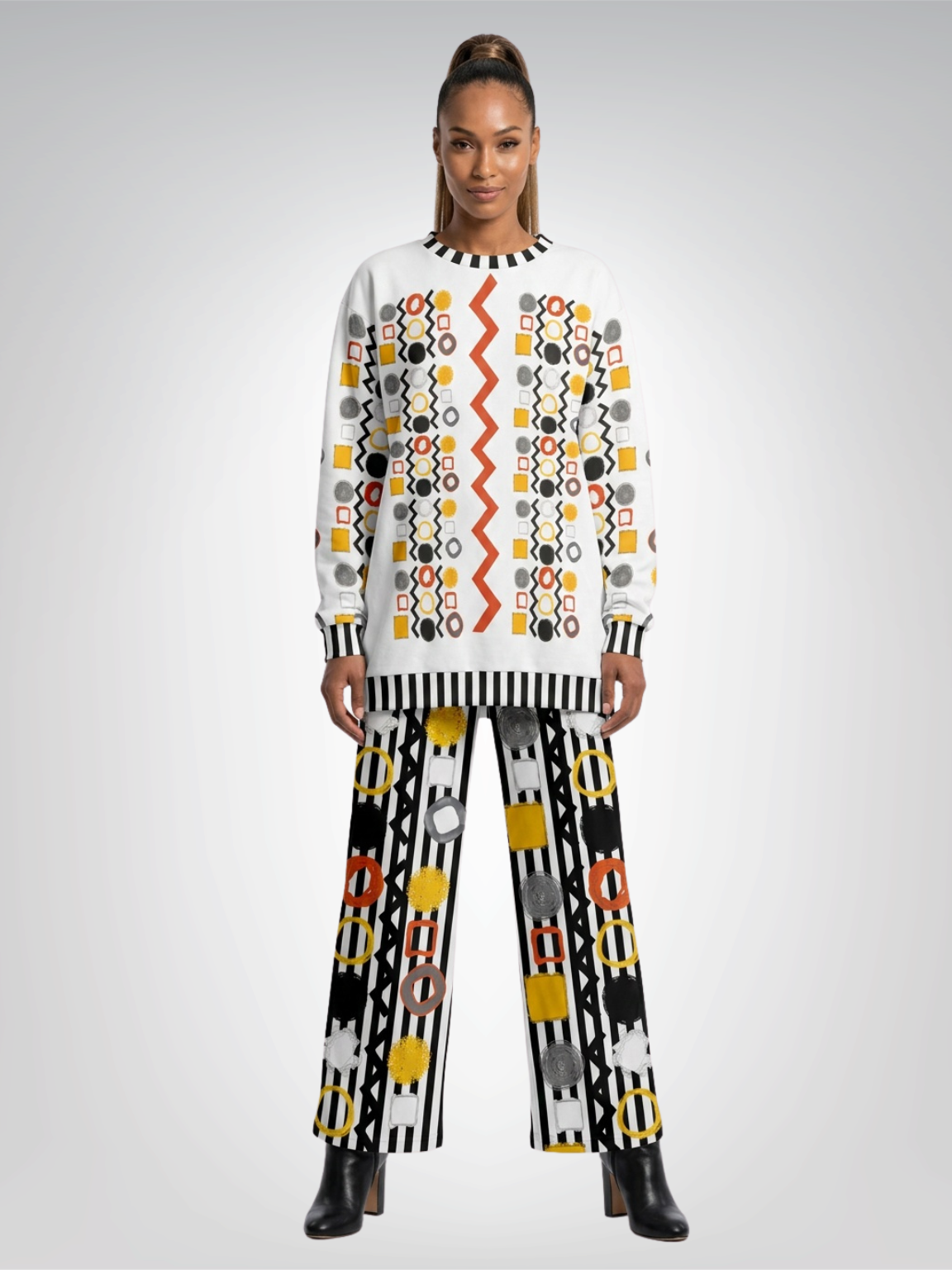 Black Stripe and Bright Geometric in White Unisex Sweatshirt (Gold Label)