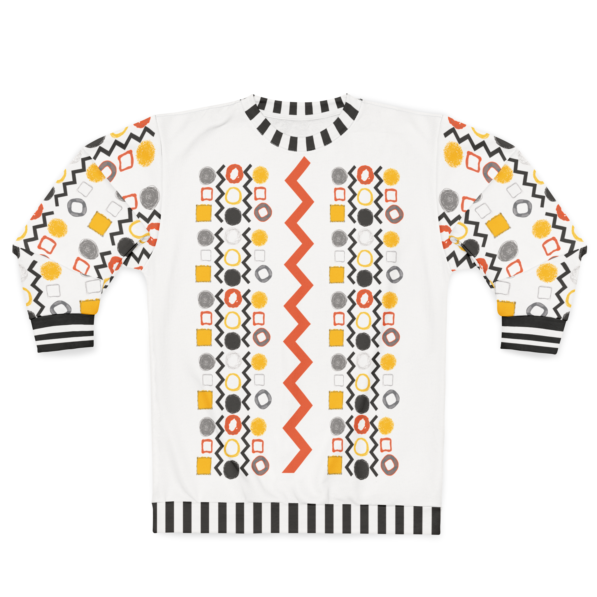 Black Stripe and Bright Geometric in White Unisex Sweatshirt (Gold Label)