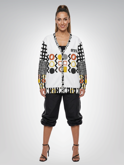 Black Stripe and Bright Geometric in White Heavyweight Unisex Cardigan