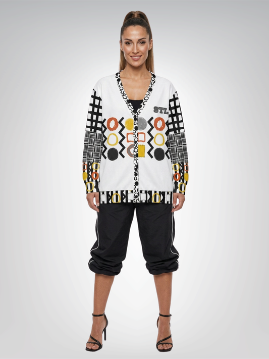 Black Stripe and Bright Geometric in White Heavyweight Unisex Cardigan
