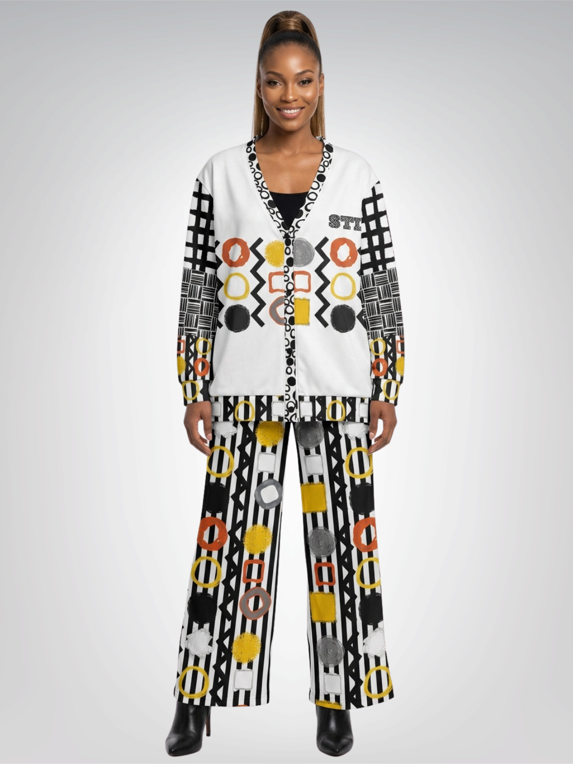 Black Stripe and Bright Geometric in White Heavyweight Unisex Cardigan