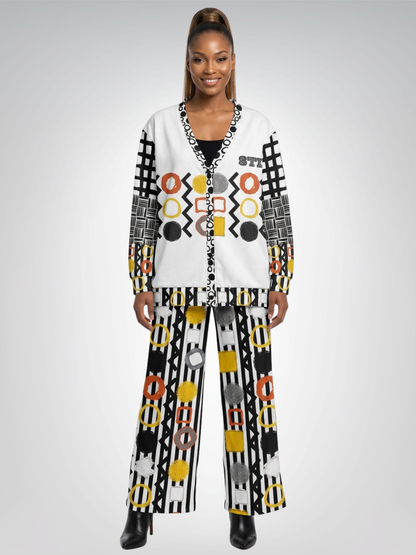 Black Stripe and Bright Geometric in White Heavyweight Unisex Cardigan