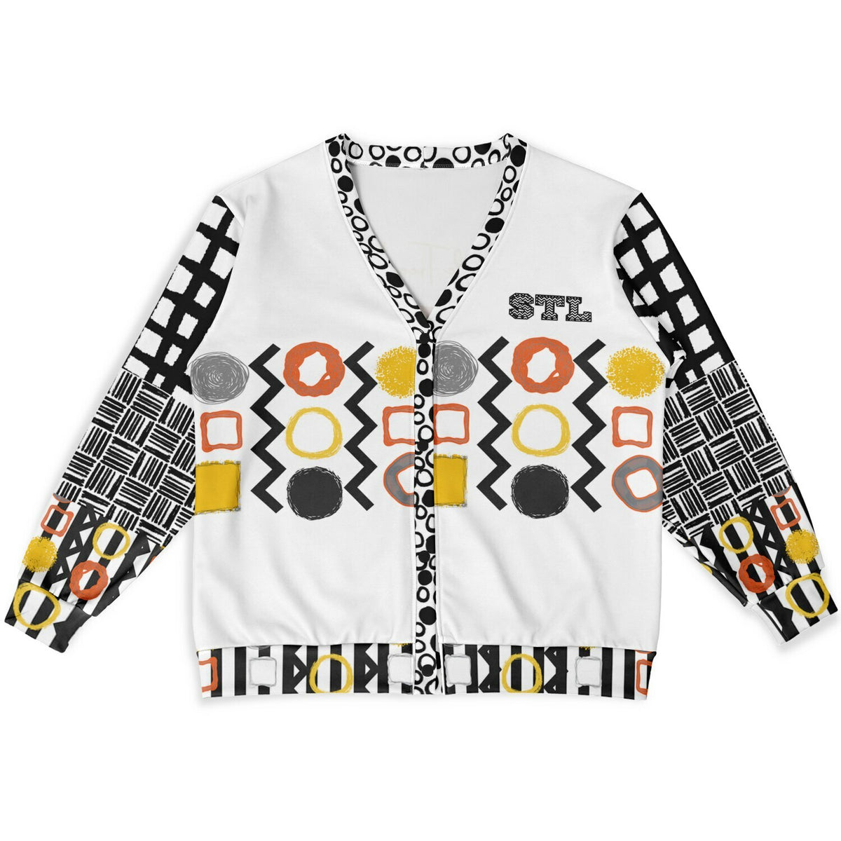 Black Stripe and Bright Geometric in White Heavyweight Unisex Cardigan