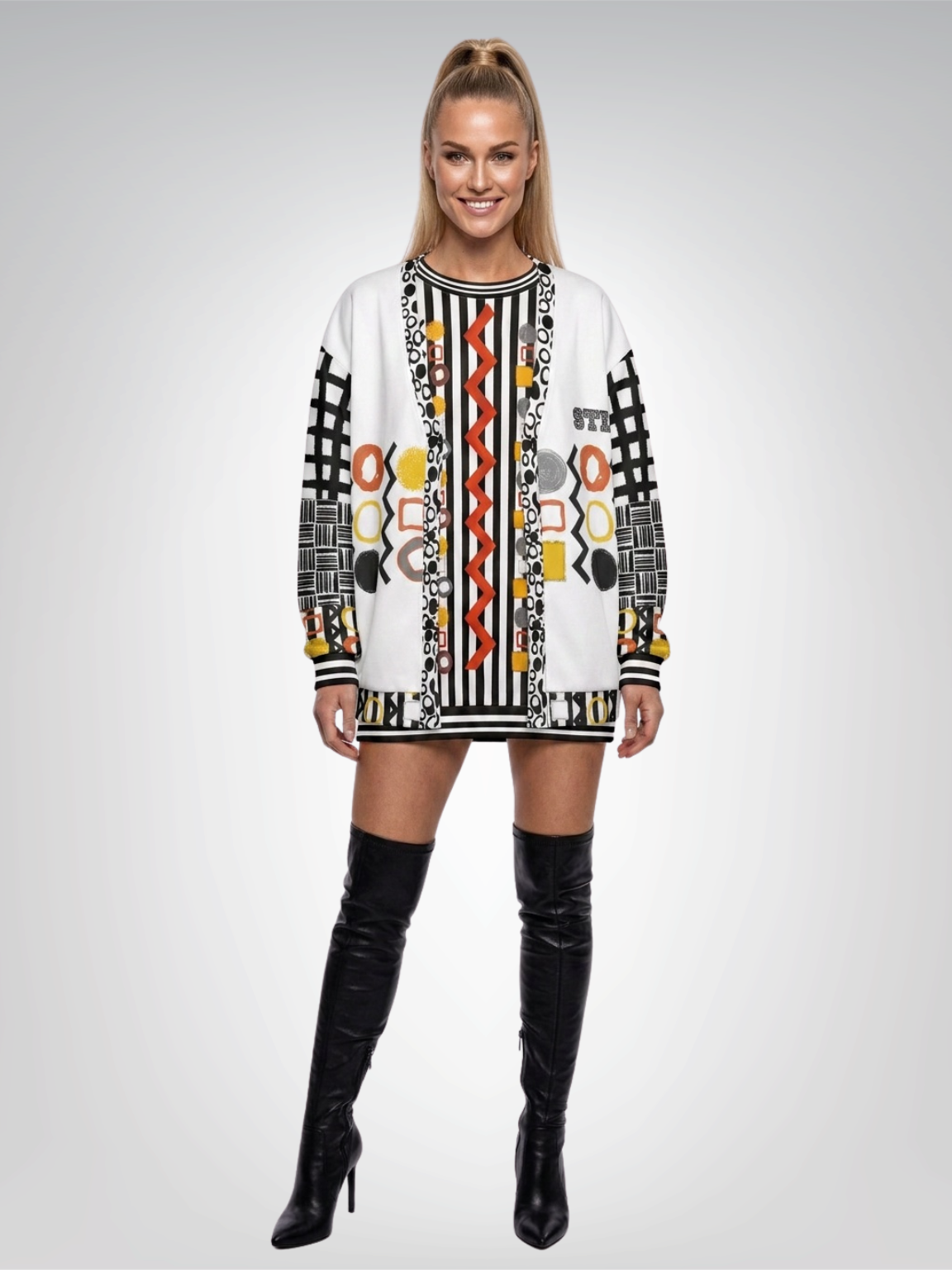 Black Stripe and Bright Geometric in White Heavyweight Unisex Cardigan
