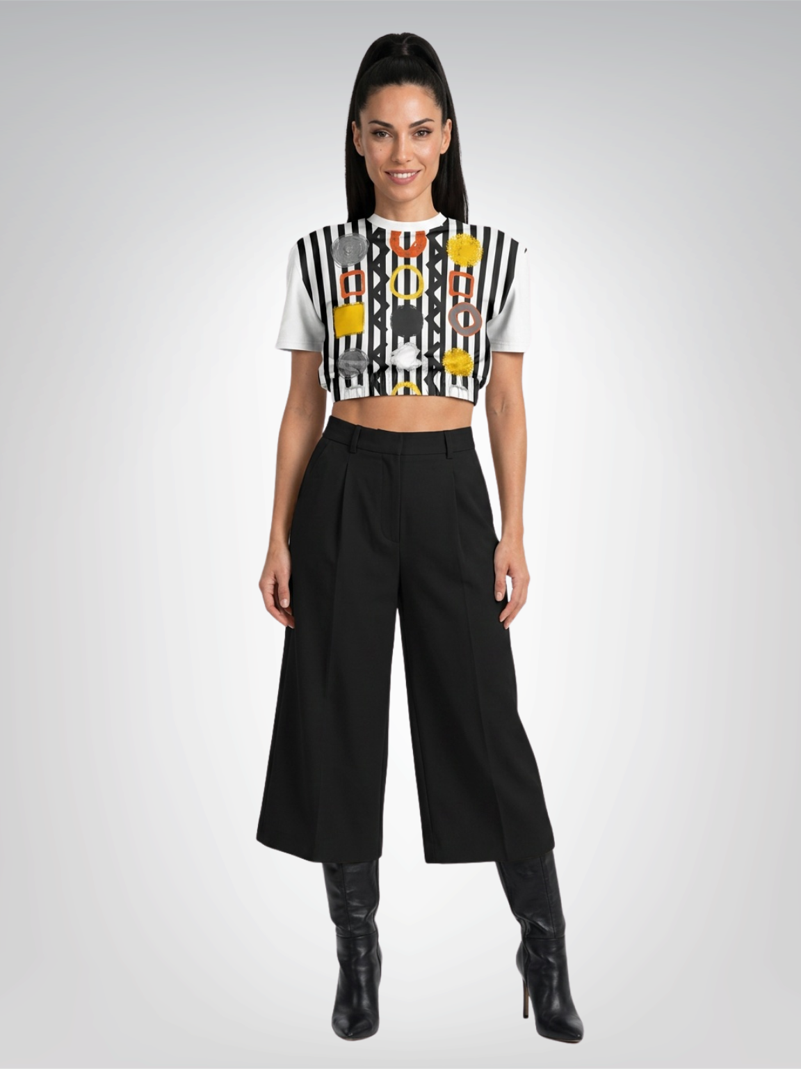 Black Stripe and Bright Geometric Eco-Poly Short Sleeve Cropped Pullover