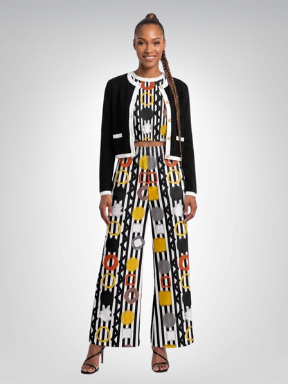Black Stripe and Bright Geometric Eco-Poly Short Sleeve Cropped Pullover