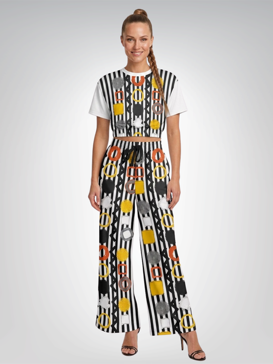 Black Stripe and Bright Geometric Eco-Poly Short Sleeve Cropped Pullover