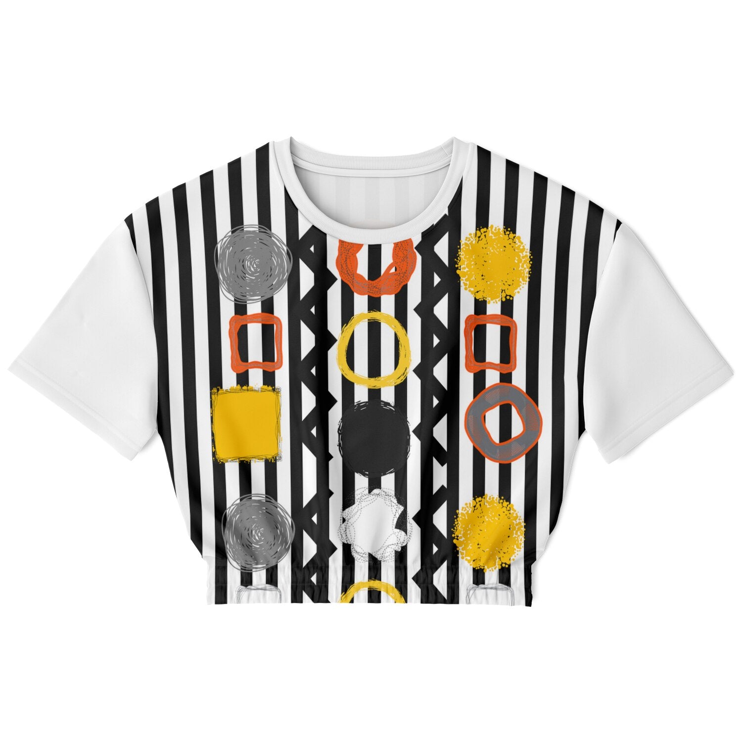 Black Stripe and Bright Geometric Eco-Poly Short Sleeve Cropped Pullover