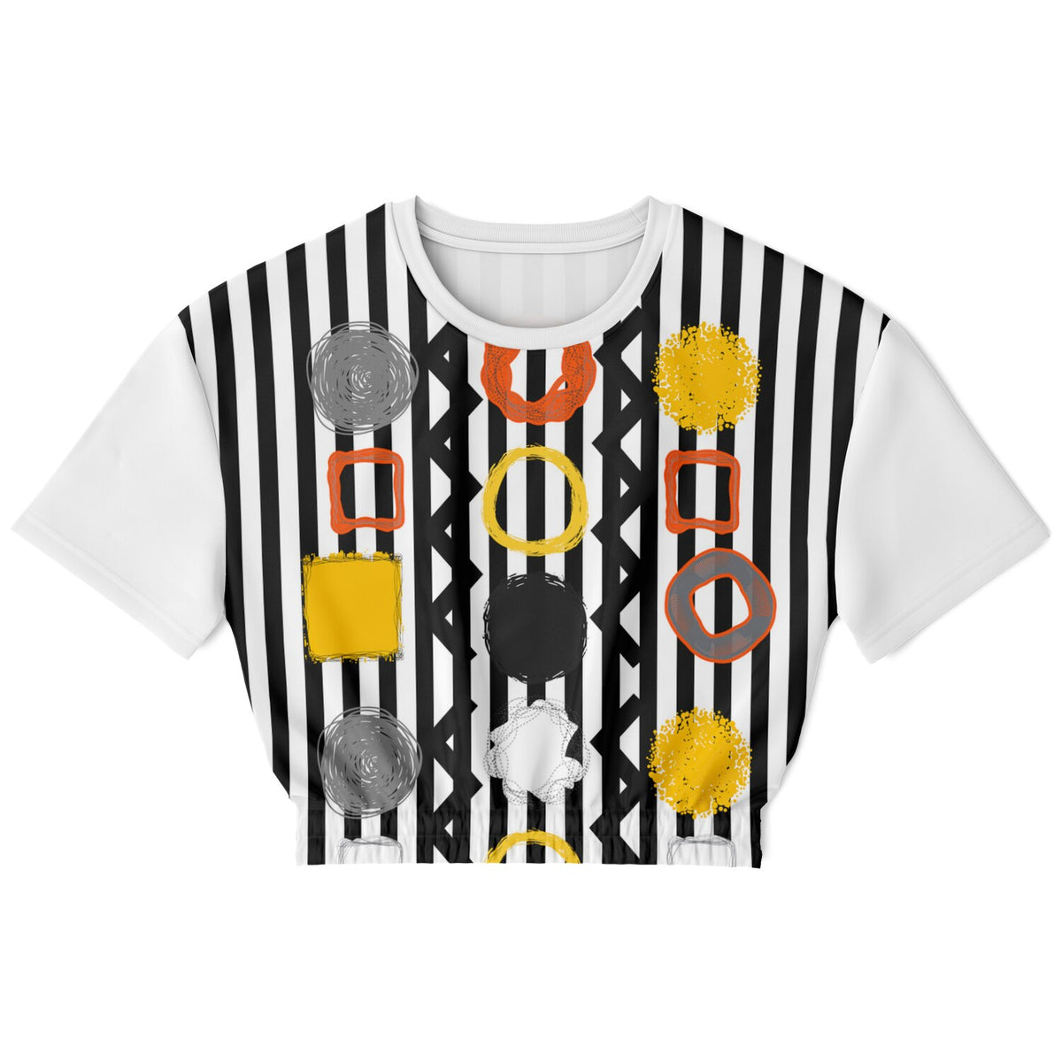 Black Stripe and Bright Geometric Eco-Poly Short Sleeve Cropped Pullover