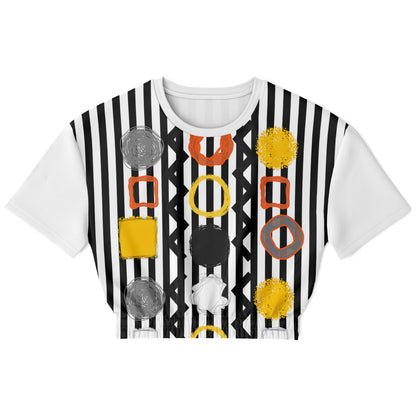 Black Stripe and Bright Geometric Eco-Poly Short Sleeve Cropped Pullover