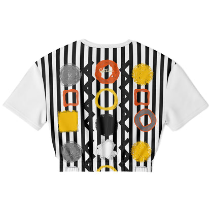 Black Stripe and Bright Geometric Eco-Poly Short Sleeve Cropped Pullover