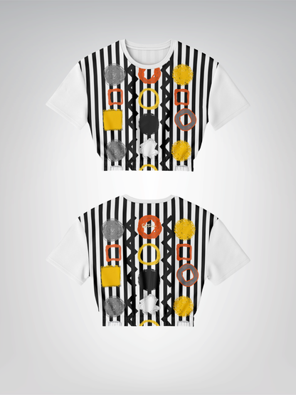 Black Stripe and Bright Geometric Eco-Poly Short Sleeve Cropped Pullover