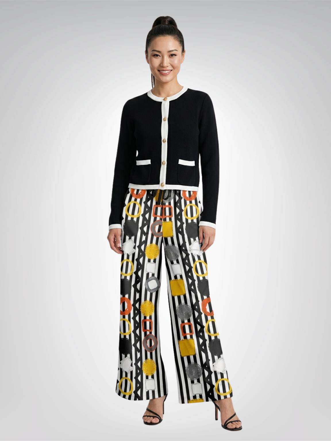 Black Stripe and Bright Geometric Eco-Poly Wide Leg Pants