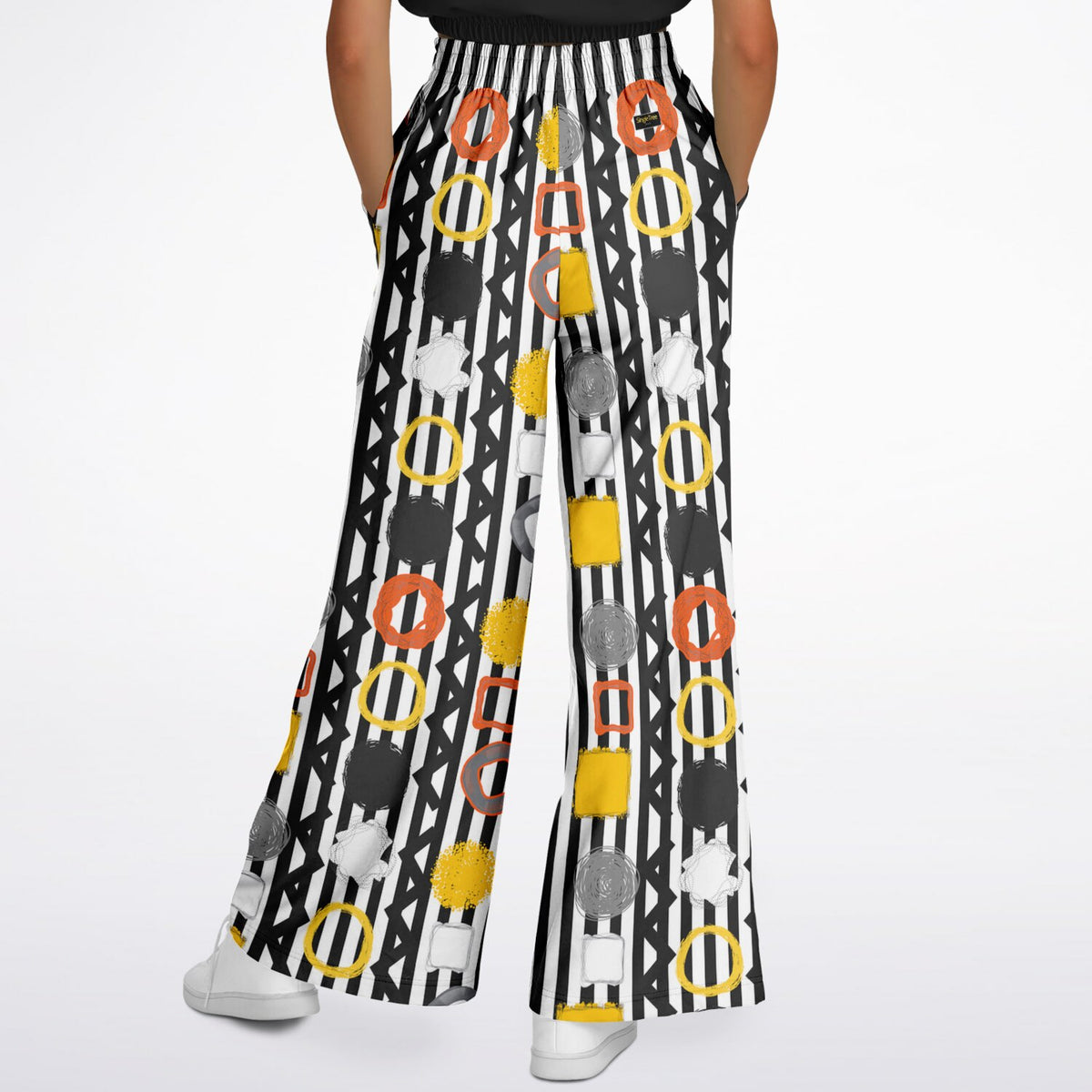Black Stripe and Bright Geometric Eco-Poly Wide Leg Pants