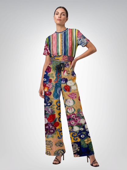 Bloom &amp; Brush Floral Stripe Eco-Poly Short Sleeve Cropped Pullover