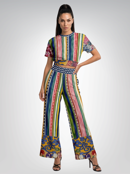 Bloom &amp; Brush Floral Stripe Eco-Poly Short Sleeve Cropped Pullover