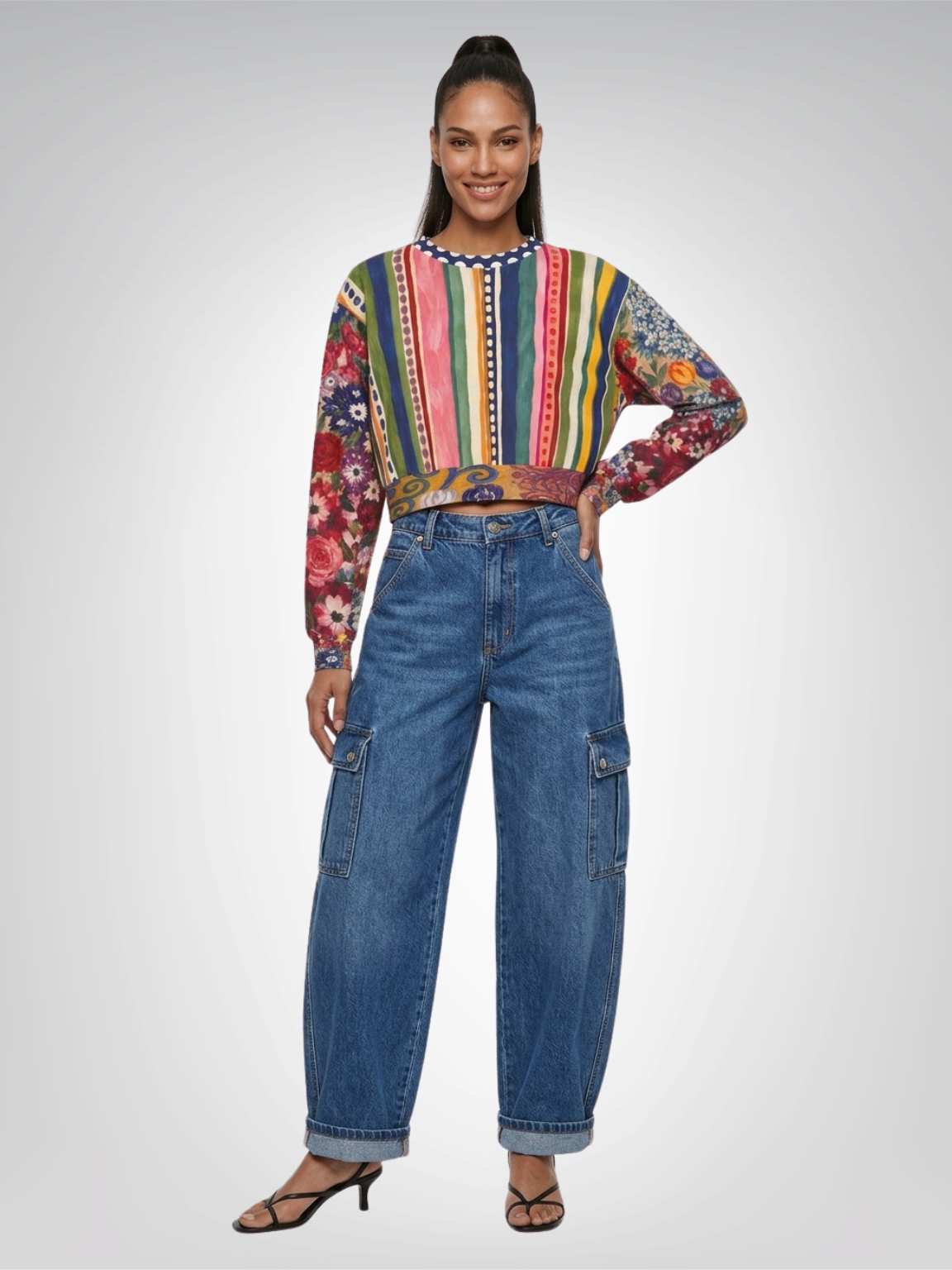 Bloom &amp; Brush Floral Stripe Cropped Sweatshirt (Gold Label)