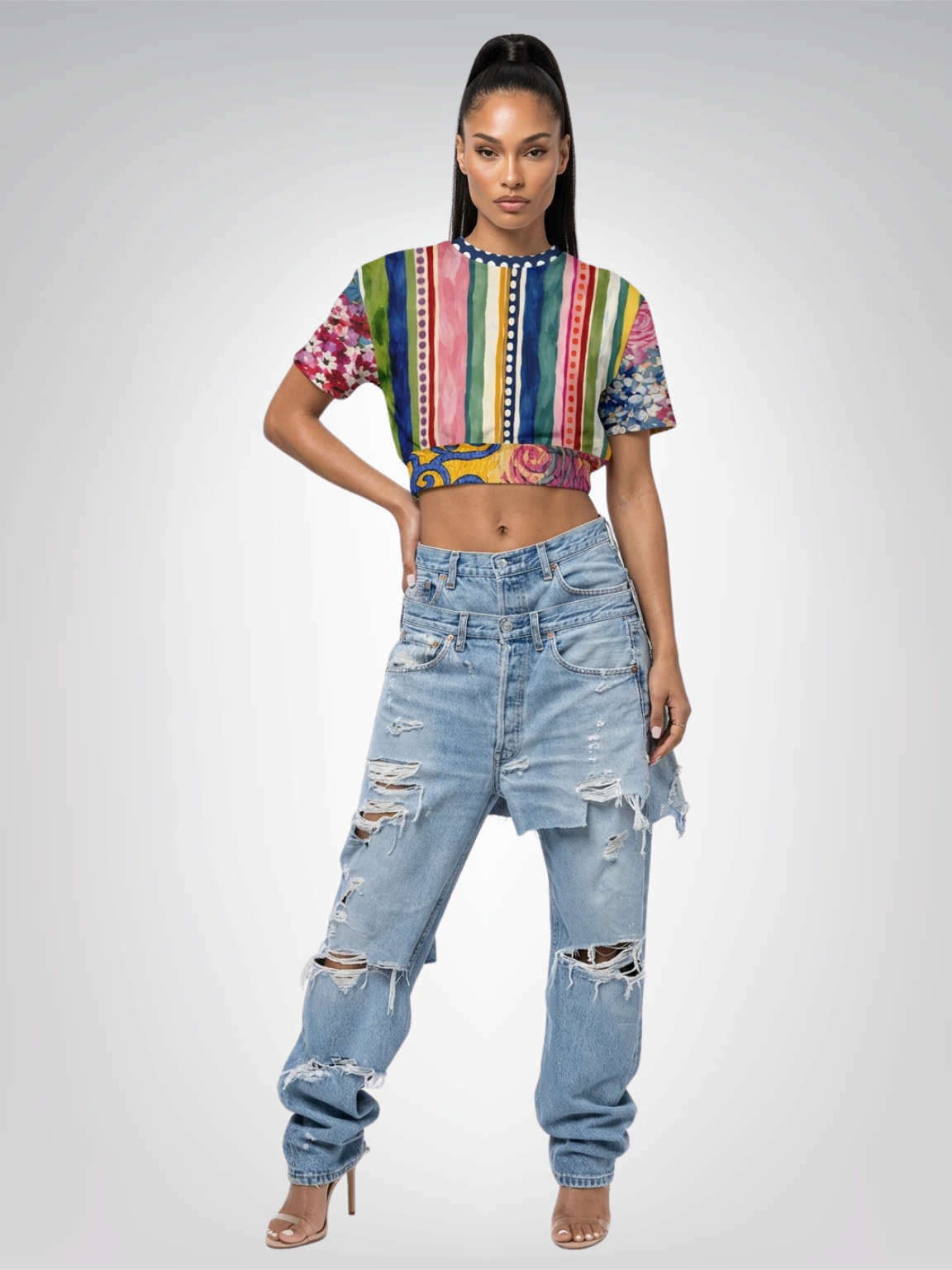 Bloom &amp; Brush Floral Stripe Eco-Poly Short Sleeve Cropped Pullover